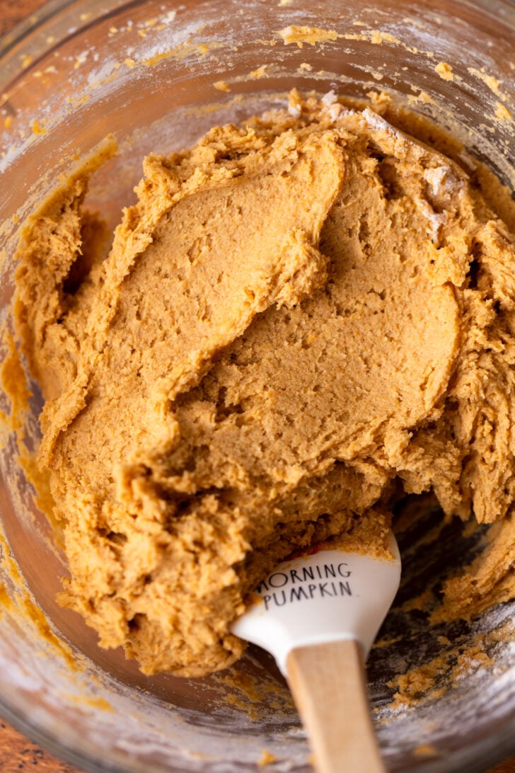 Pumpkin cookie dough in a bowl.