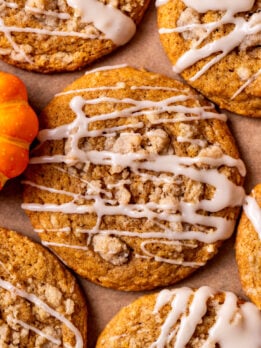 Close up of the top view of pumpkin coffee cake cookies.