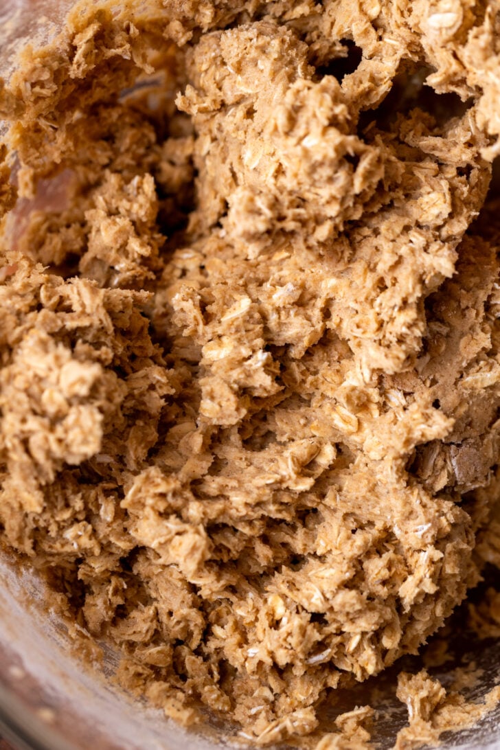 Oatmeal cookie dough in a bowl.