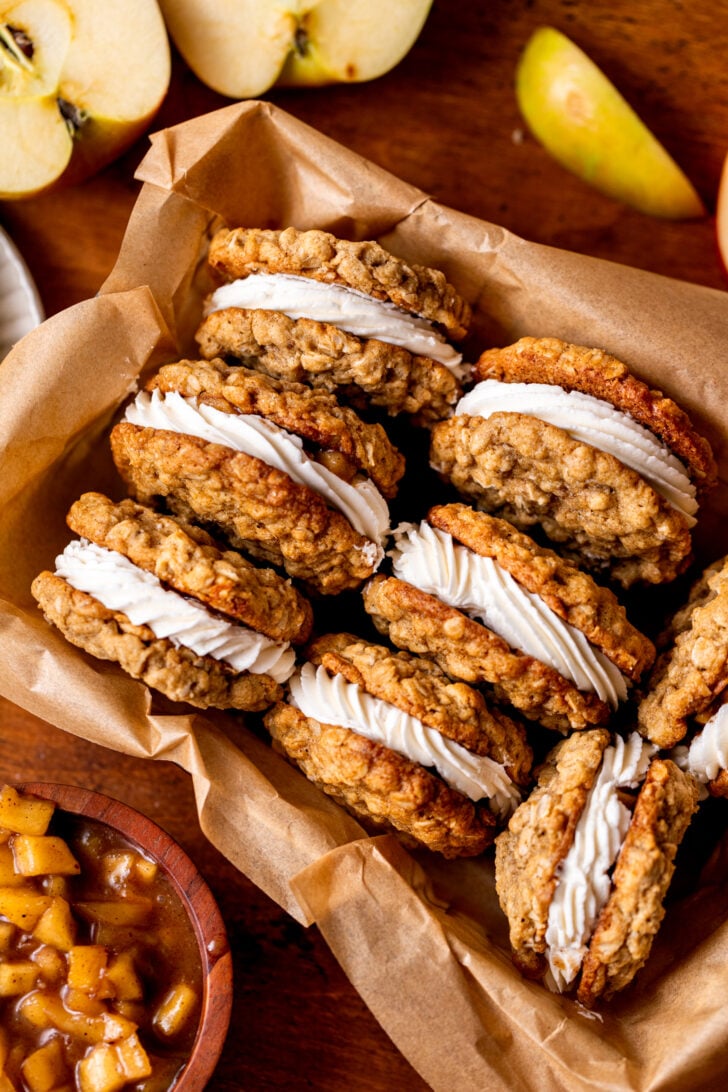 Apple oatmeal cream pies in a basket.