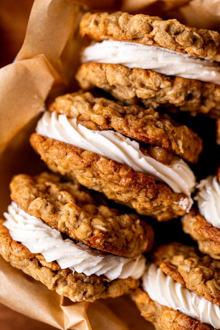 Close up of cookie sandwiches in a basket.