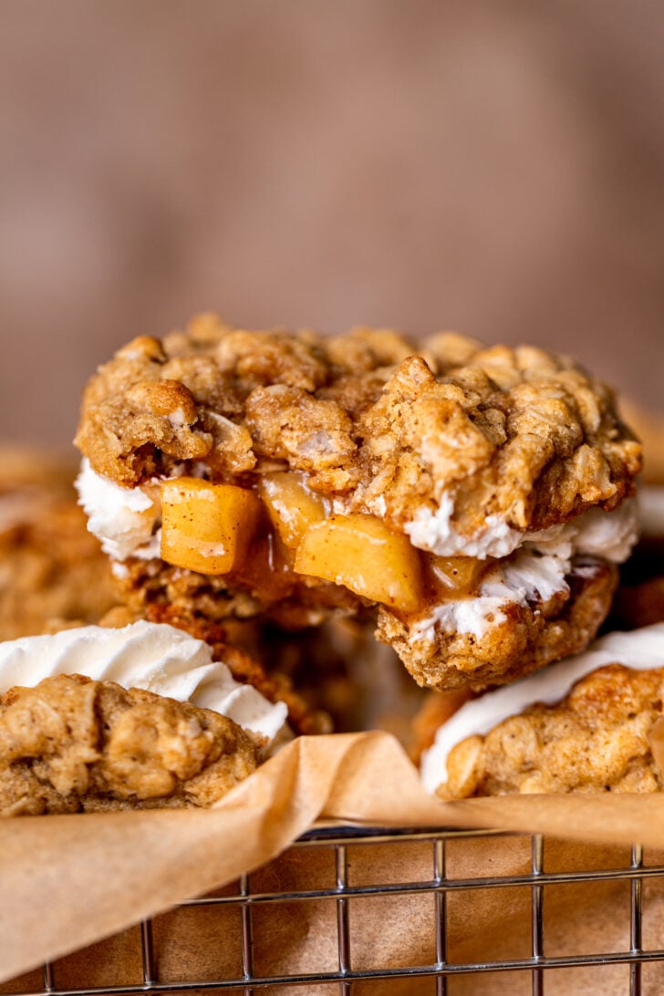 A bite missing from apple oatmeal cream pies.
