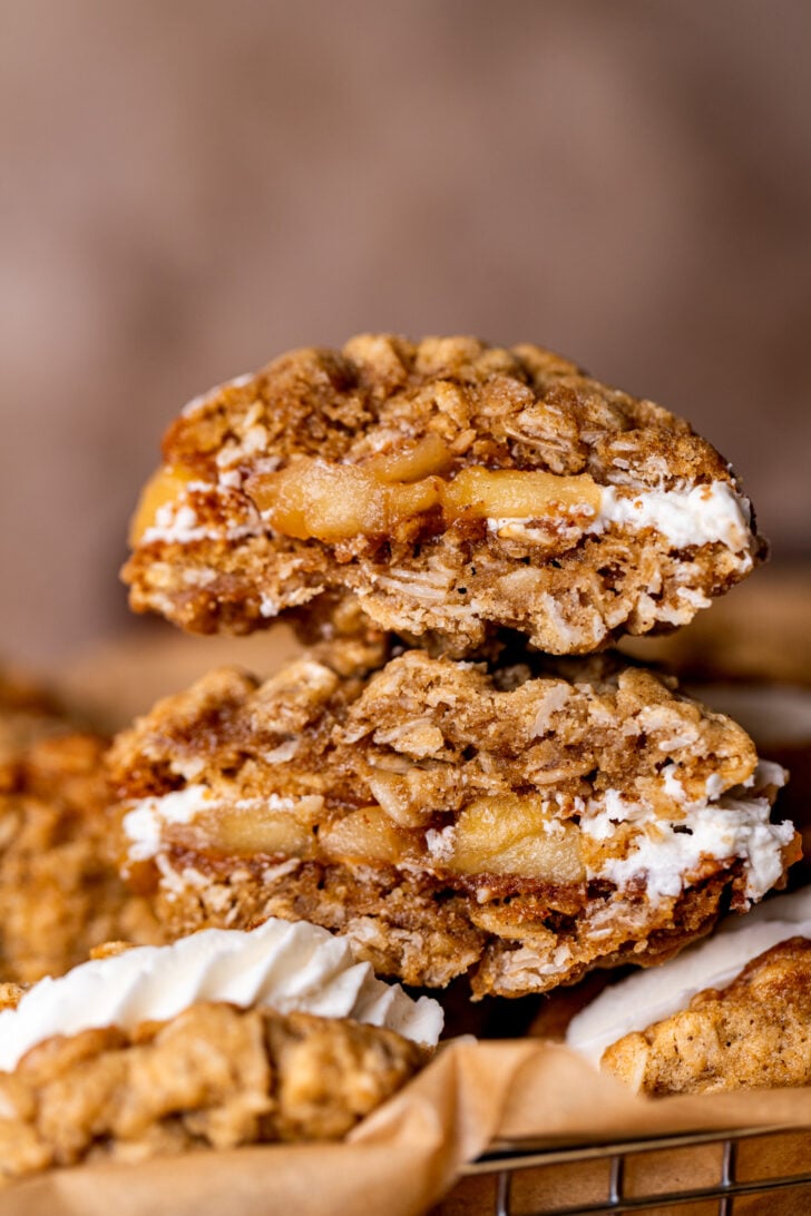Stack of cookie sandwiches split in half.