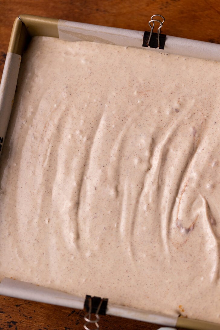Cheesecake batter in the pan.