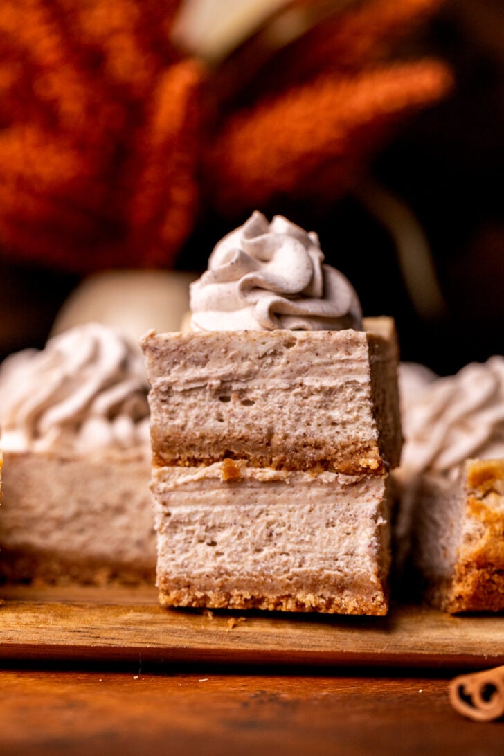 Stack of two chai cheesecake bars.