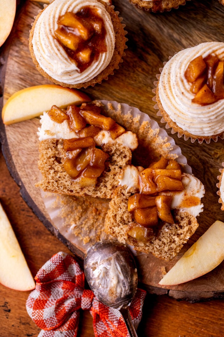 One cupcake split in half.