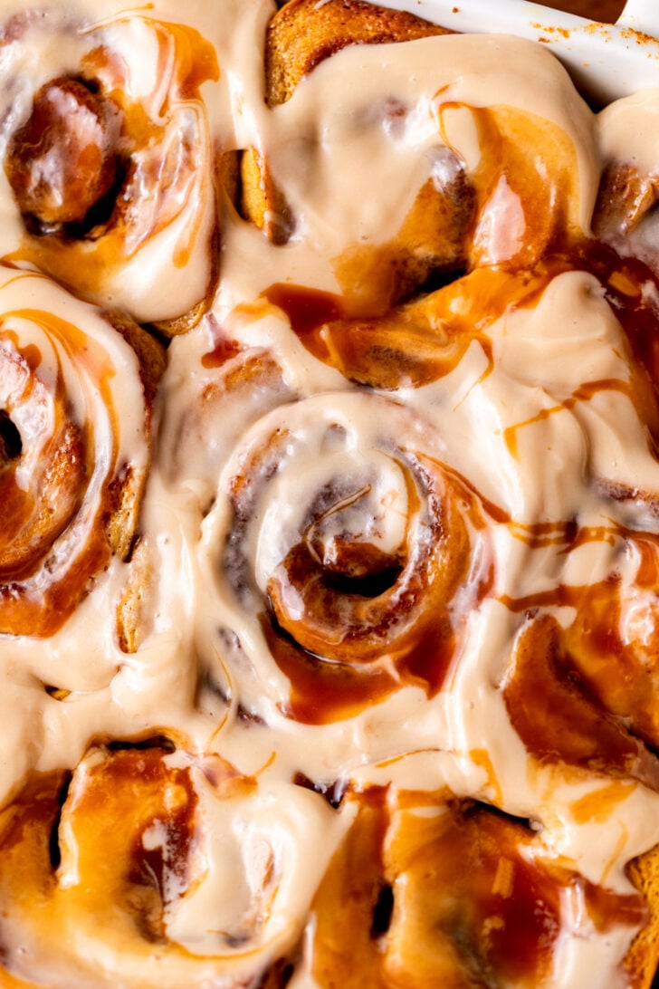 Top view of pumpkin caramel cinnamon rolls.