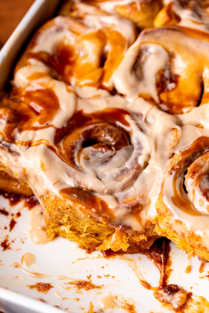 Close up of the cinnamon rolls, side view.