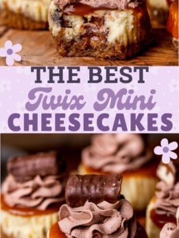 Pinterest pin for Twix mini cheesecakes.
