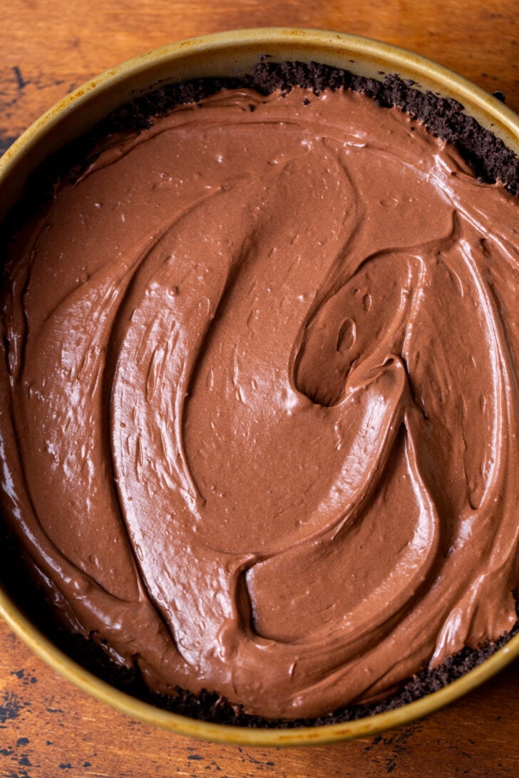 Chocolate mixture in the pan.
