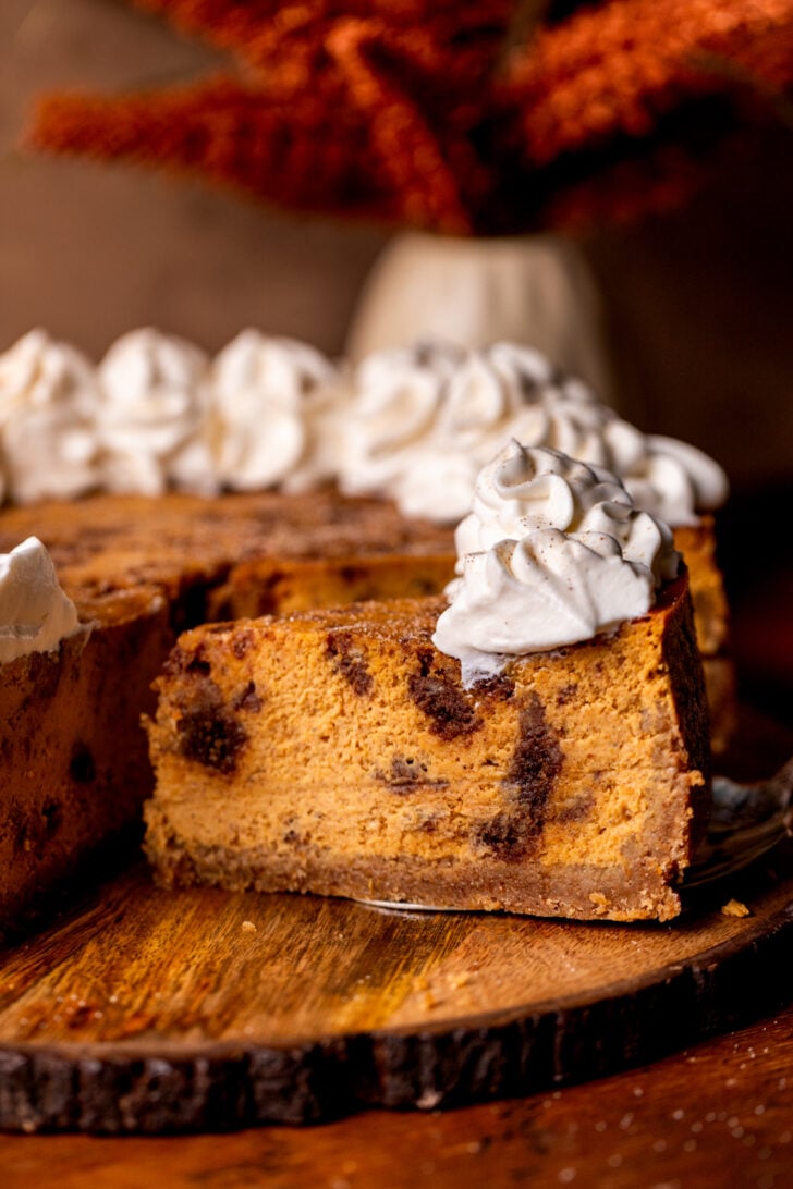 Slice taken out of the pumpkin cinnamon swirled cheesecake.