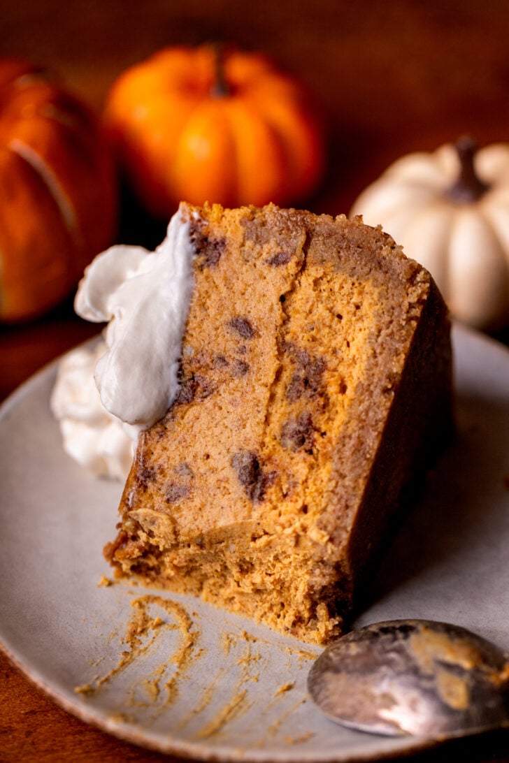 A slice of pumpkin cinnamon swirled cheesecake on it's side on a plate.