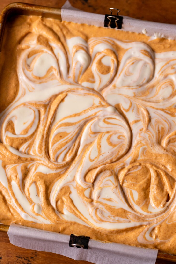 Swirled batter in the pan.